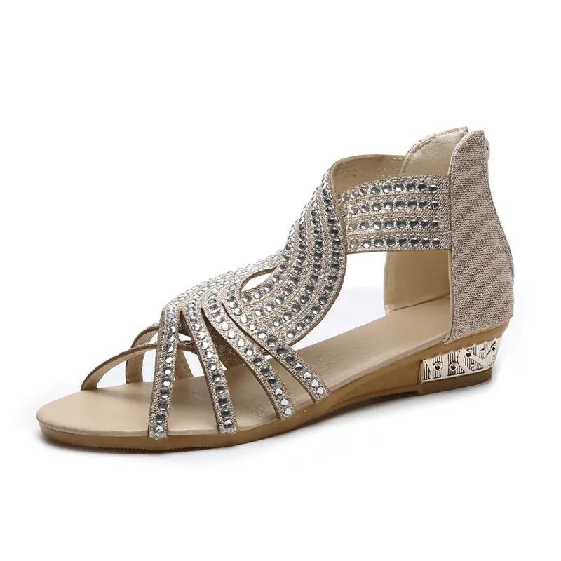 Rhinestone Fish Mouth Small Wedge Heel Sandals