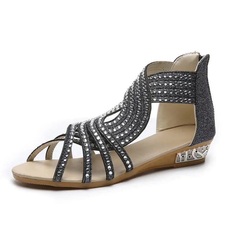 Rhinestone Fish Mouth Small Wedge Heel Sandals